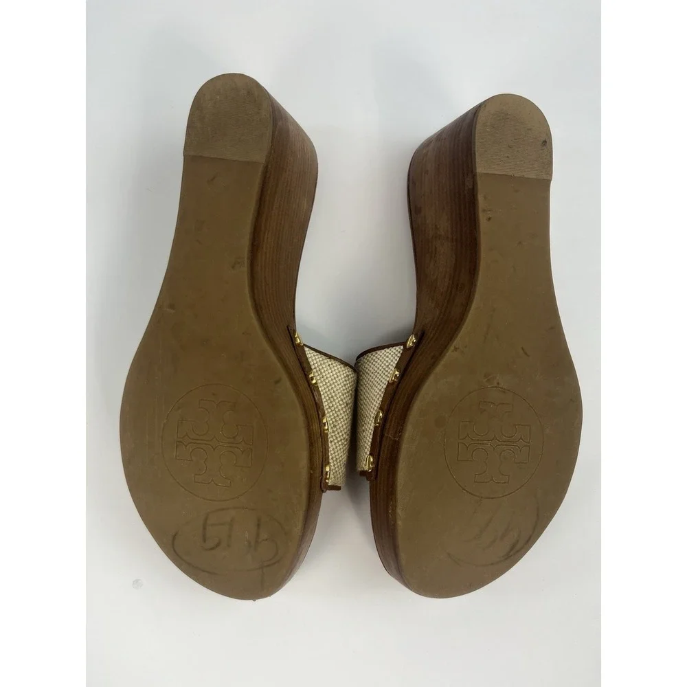 Tory Burch Terri Wood Canvas Wedge Sandals Women's Size 8.5M Brown Slip On